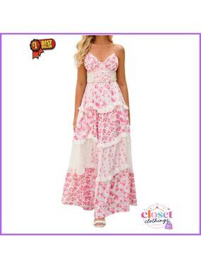 Floral Maxi Dress Spaghetti Strap V Neck Lace Bohemian Flowy Summer Fall